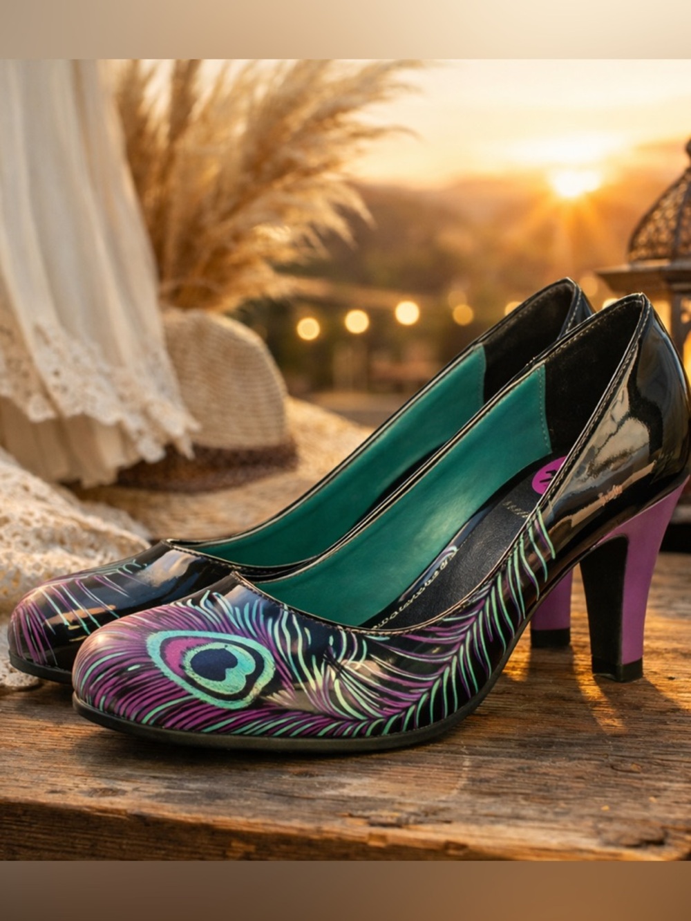 T.U.K. Peacock Print Heels Sz 7 Purple Black Pinup Rockabilly Retro NIB - Picture 6 of 11